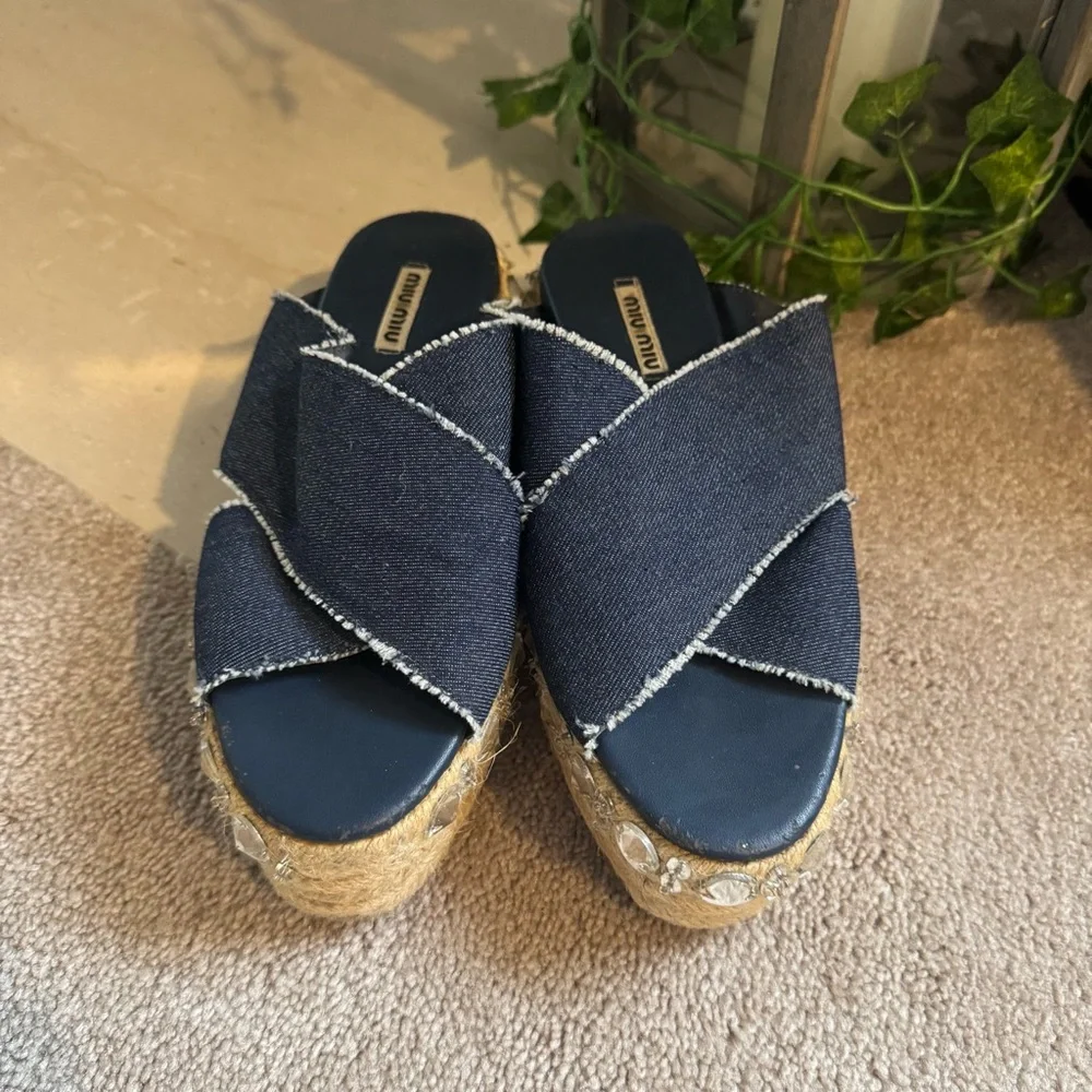 Miu Miu Criss Cross Jeweled Blue Y2K Denim Platform Sandals